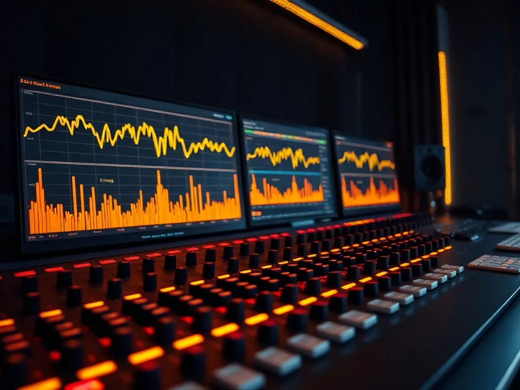Professional audio studio console with glowing signal indica