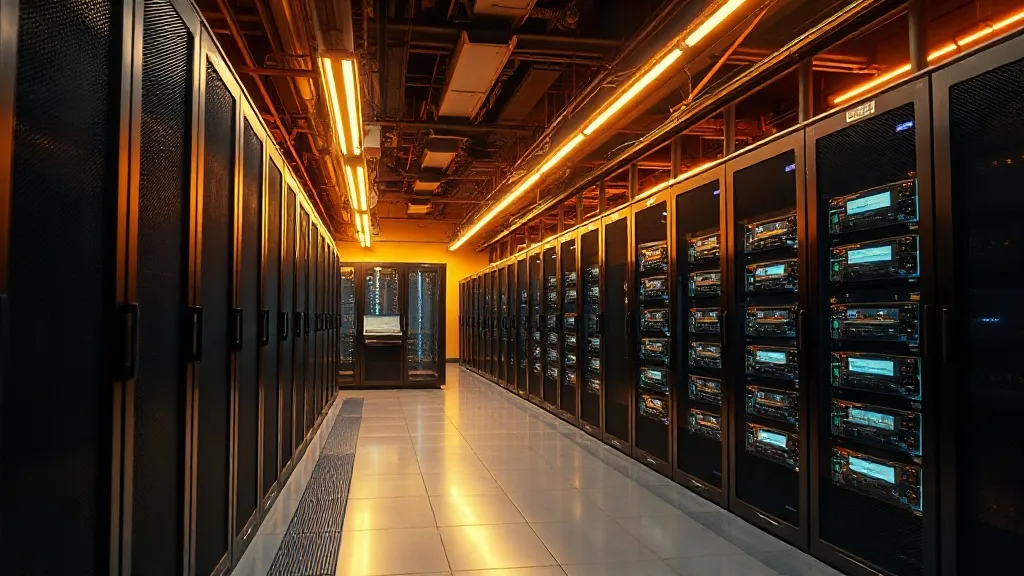 A high-tech industrial server room with golden ambient light