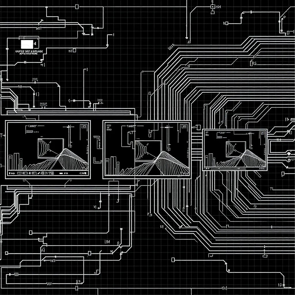 A technical black and white schematic of digital video frame
